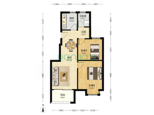 棠嘉苑 2室1厅1卫 75平方