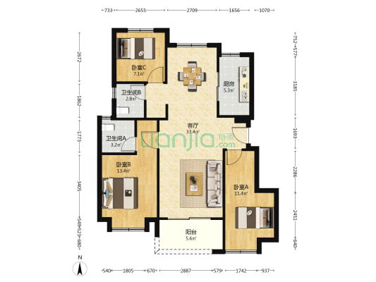 保利时光印象 3室1厅2卫 102平方