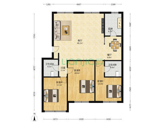 金地置业小区 3室2厅2卫 131平方