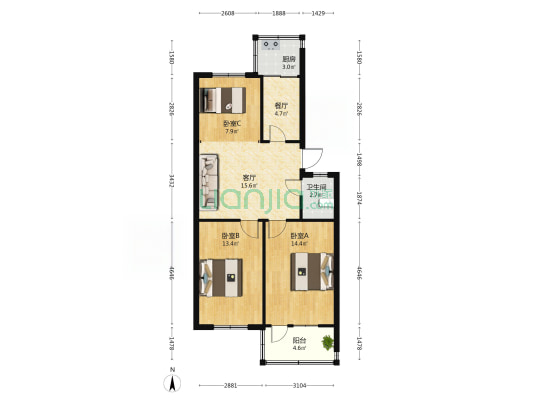 土山街60号院 3室2厅1卫 79平方