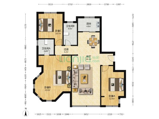 华皓汉峪小区一区 3室1厅2卫 133平方