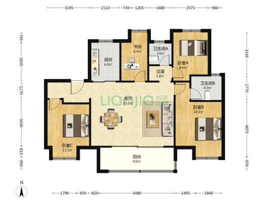 绿地枫和九里 4室1厅2卫 125平方