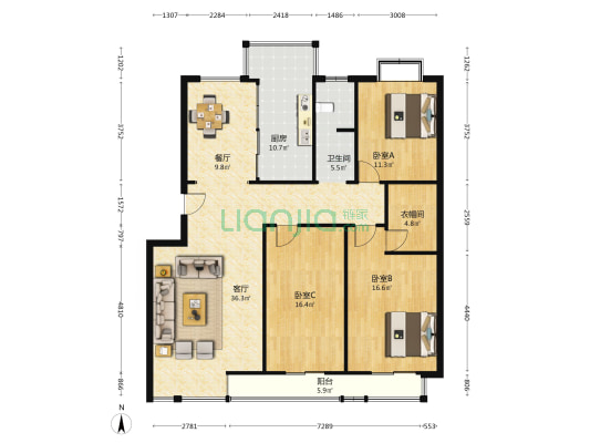 金地凯旋城二期 3室2厅1卫 136平方
