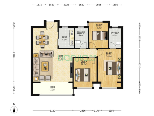 兴邦蓝海公园 3室1厅2卫 120平方