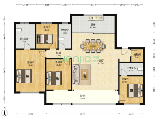 保利珑誉 4室1厅3卫 188平方