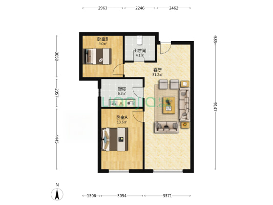 高铁新干线 2室1厅 南-户型图