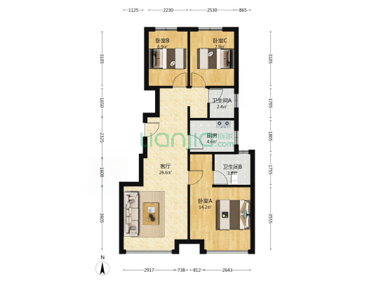 南北通透 视野好 一梯两户 无遮挡-户型图