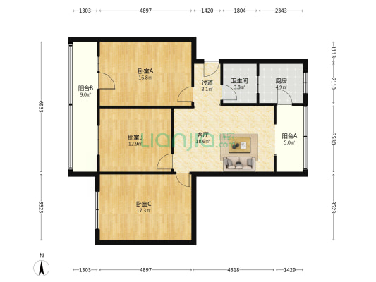 泰康东路1号 3室1厅1卫 108平方