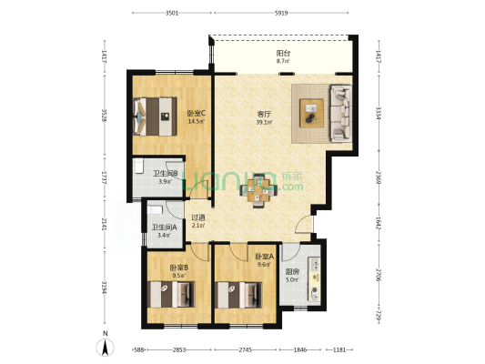 雍湖大院二期 3室1厅2卫 110平方