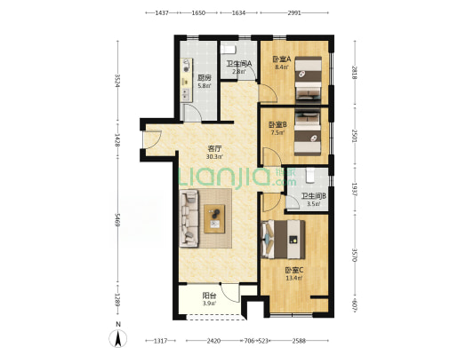 万科翡翠之光2期A区 3室1厅2卫 107平方