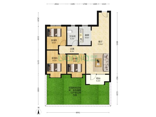阳光郡 3室1厅1卫 98平方