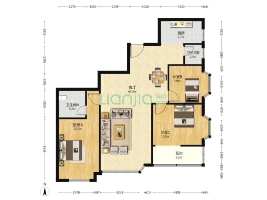 鑫宇翠庭 3室1厅2卫 139平方