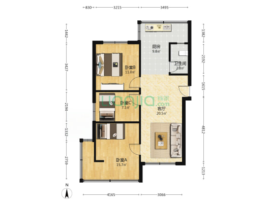 中新路13号 3室1厅1卫 69平方