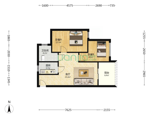 浦兴新苑 2室1厅1卫 75平方