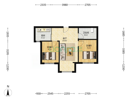 棋馨园 2室1厅1卫 67平方