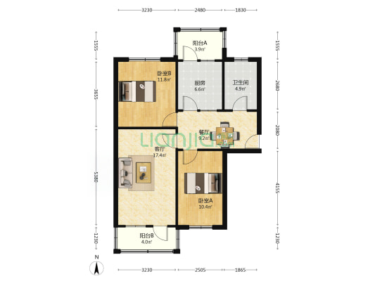 范阳路矿山局中间好楼层，南北通透大两居-户型图