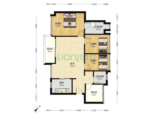 阳光城翡丽山 3室1厅2卫 95平方
