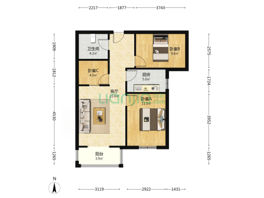 南向两居，德信公园，楼层好，采光好-户型图