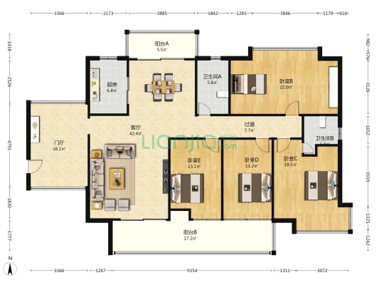 竹韵花园 4室1厅2卫 184平方