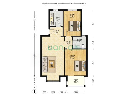 中北崂社区 2室1厅1卫 86平方