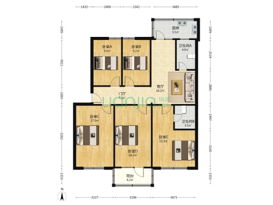 大气层小区 5室1厅2卫 131平方