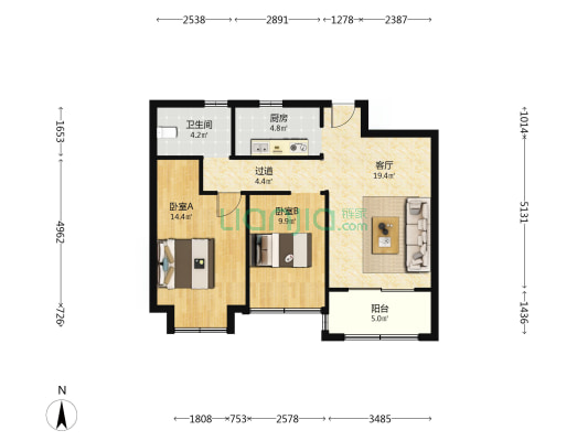 荣城花苑 2室1厅1卫 82平方