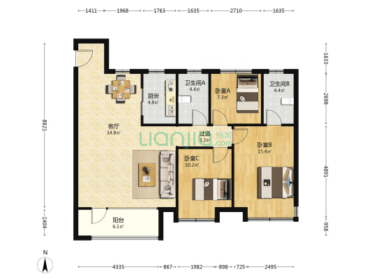 公园里 3室1厅2卫 127平方