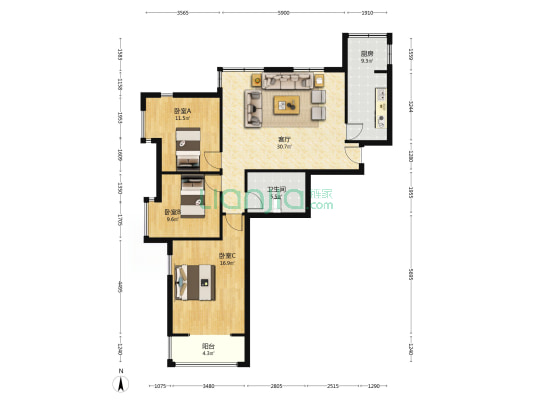 金竹花园精装三居室 好楼层 采光无忧-户型图