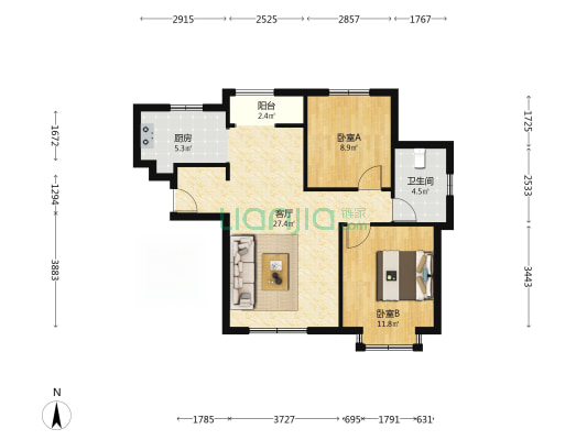香邑溪谷南北通透两居 无遮挡 房本满二-户型图