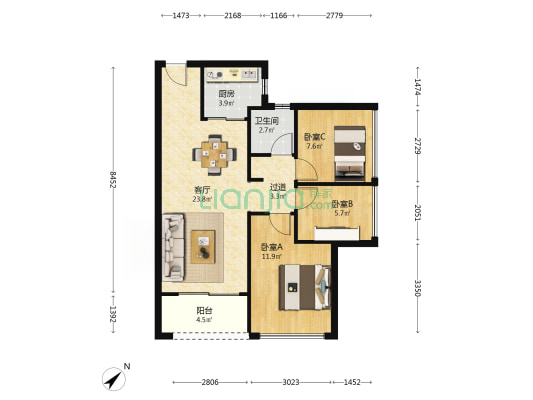 南光泊岸花园 3室1厅1卫 75平方