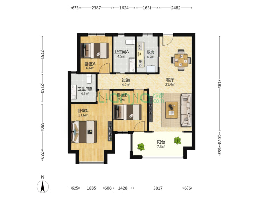 东投国贸海棠之恋 3室1厅2卫 99平方