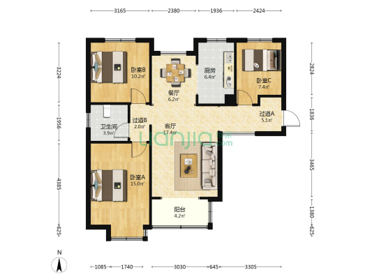 昆和园 3室2厅1卫 115平方