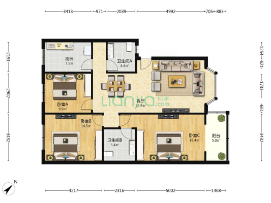 天生路155号 3室1厅2卫 119平方