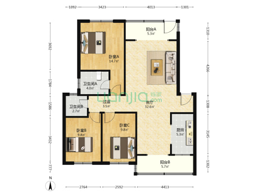 洪河北路589号院 3室1厅2卫 108平方
