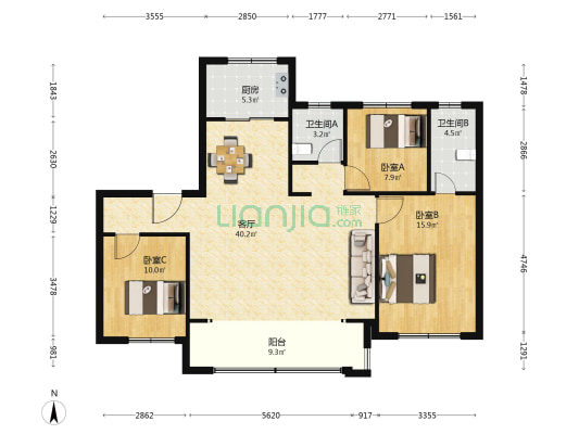 天卿 3室1厅2卫 130平方