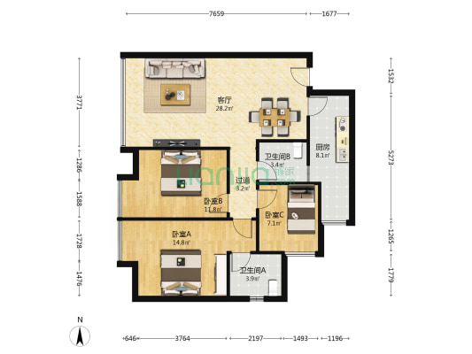 天台别苑 3室1厅2卫 101平方