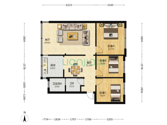 青年路152号 3室2厅2卫 74平方