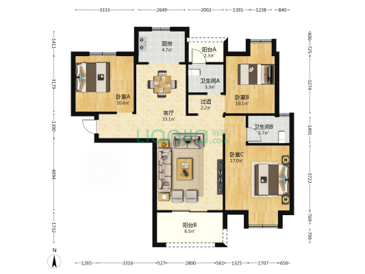 华科大康园A区 3室1厅2卫 123平方