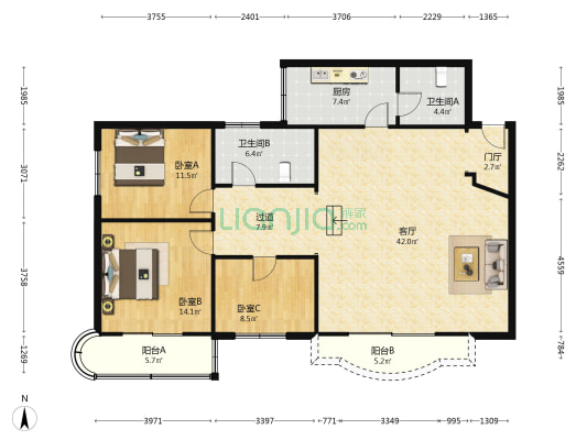 烟草大厦 3室1厅2卫 136平方
