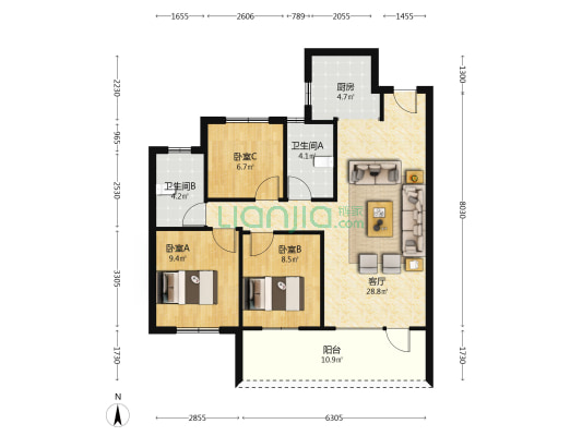 花田路 集中供暖 第四代住宅 南北通透三居双卫-户型图