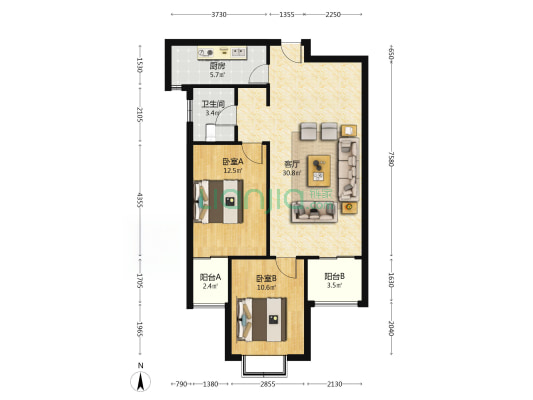 范阳中路好位置 公园对过电梯房 纯南向两居出售-户型图