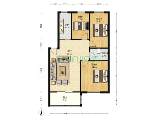 临双语近东兴南街  大社区 集中供暖 南北通透三居出售-户型图