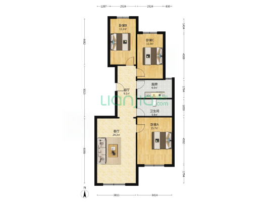 钻石广场 洋房3居室 一梯两户 南北通透 3居室-户型图