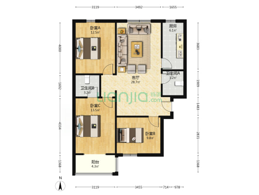 华阳路  三居两卫 采光好通风好 双塔片 户型方正-户型图
