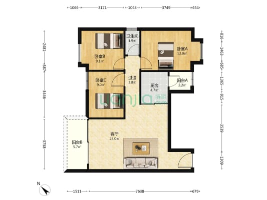 胜景新庭苑 3室1厅1卫 89平方