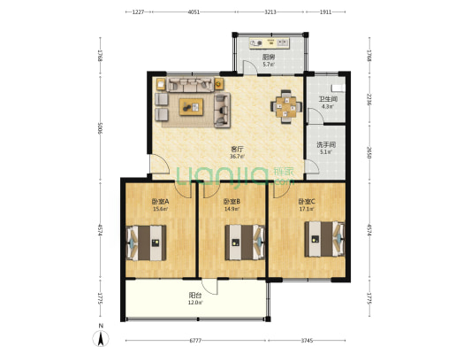 粮油市场家属院 3室1厅2卫 133平方