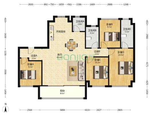 招商蛇口天青府 4室1厅3卫 143平方