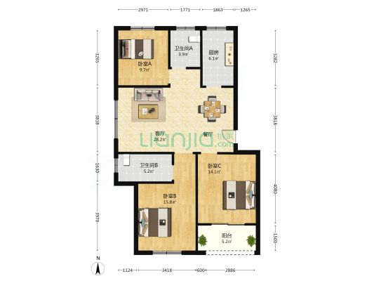 青杏苑 3室1厅2卫 105平方