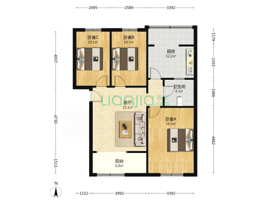发发商城 3室1厅 南-户型图