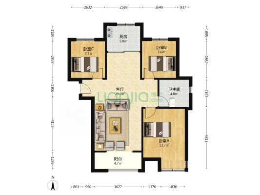 天伦湾嘉园 3室2厅 南 北-户型图